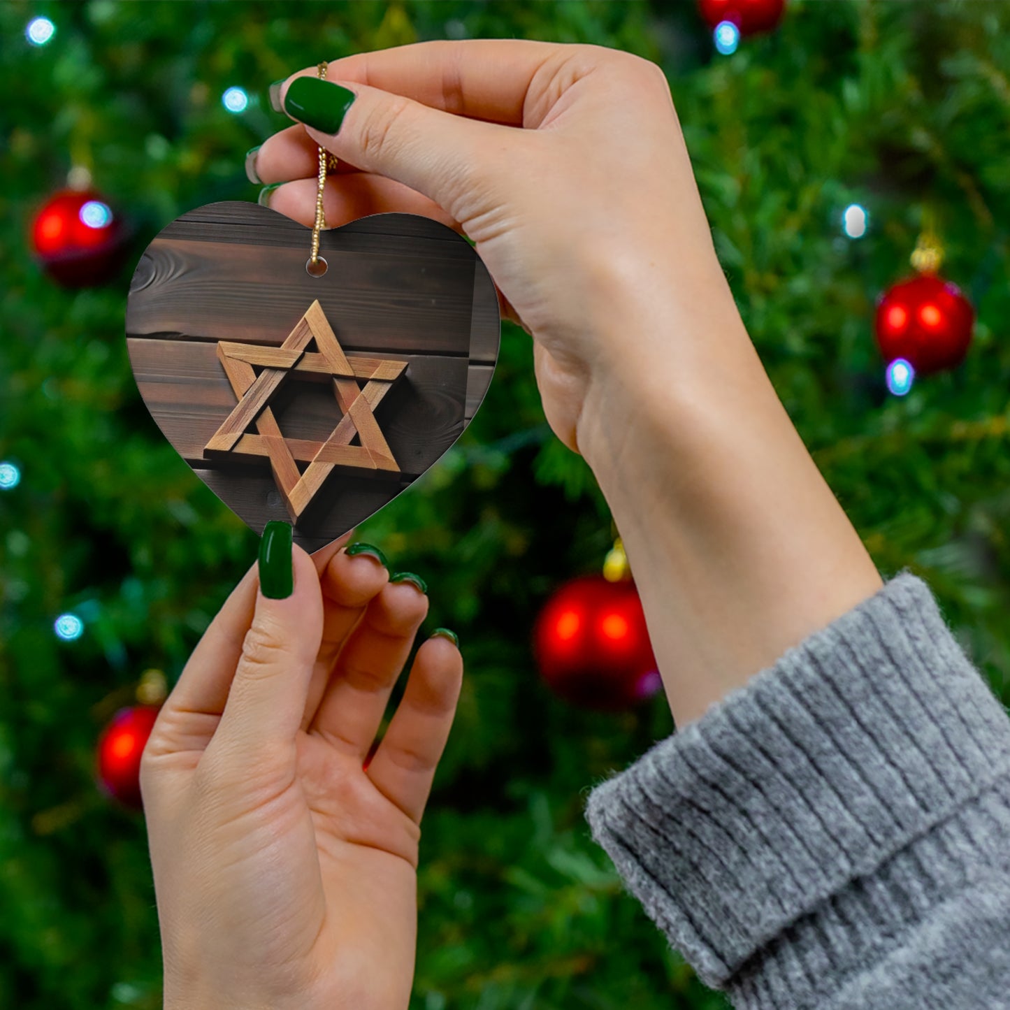 Ceramic Ornament - Jewish Star of David Wooden Magen David, Wood Planks Background