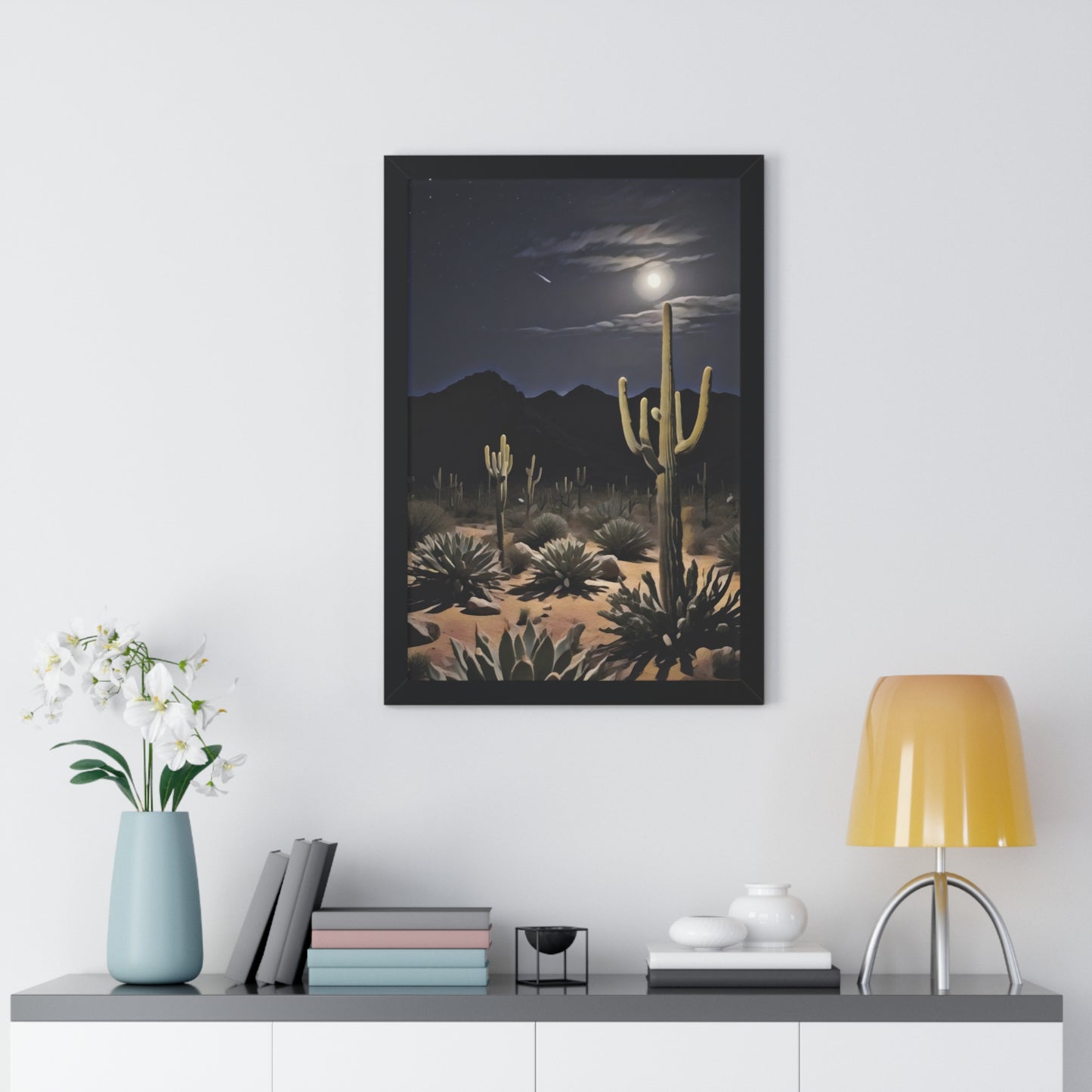 Artistic Framed Poster - Nighttime Desert Cactus Landscape, "Desert Moonrise" Chaia Malana