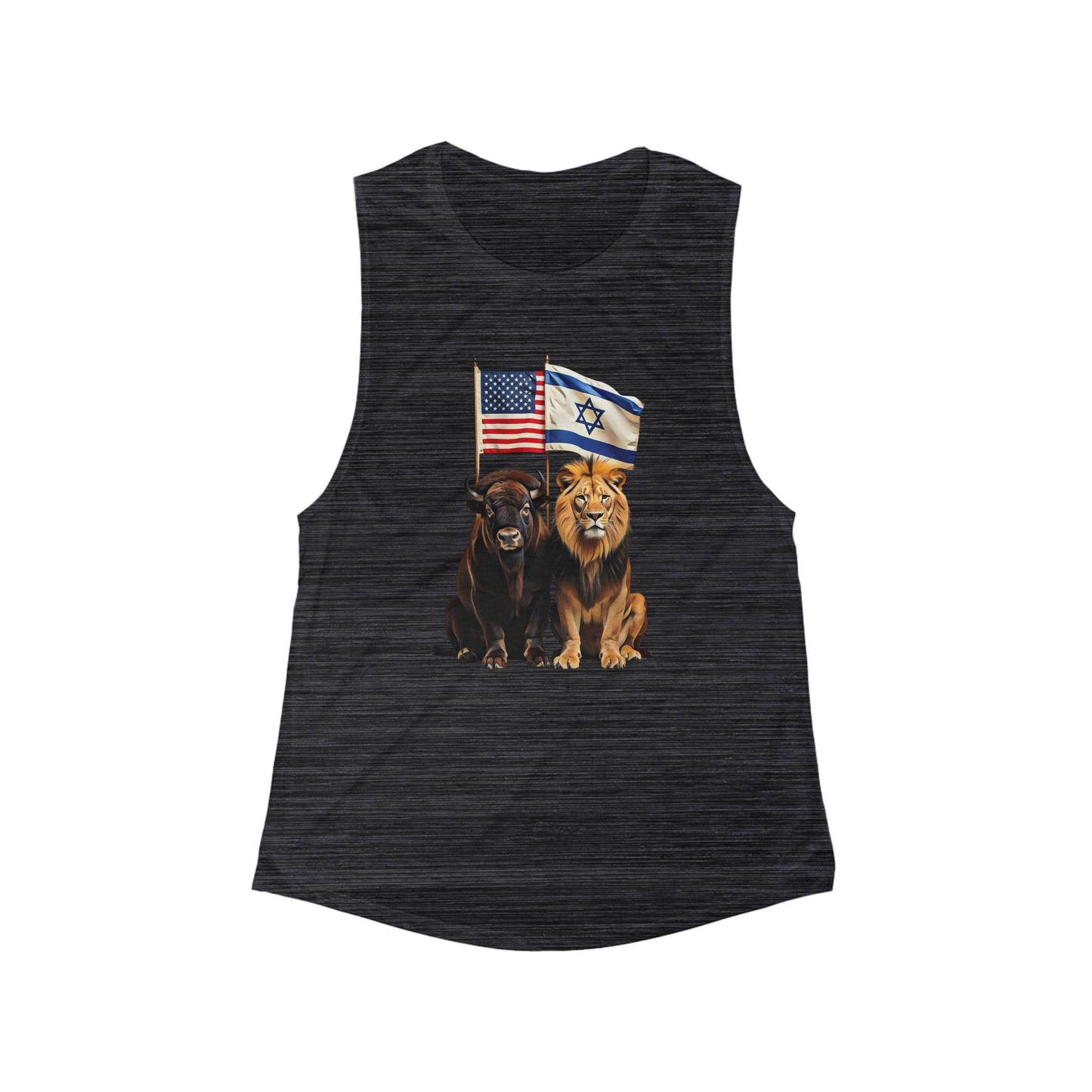 Women's Flowy Scoop Muscle Tank - Unity of Strength, Bison Lion Israel America Flags