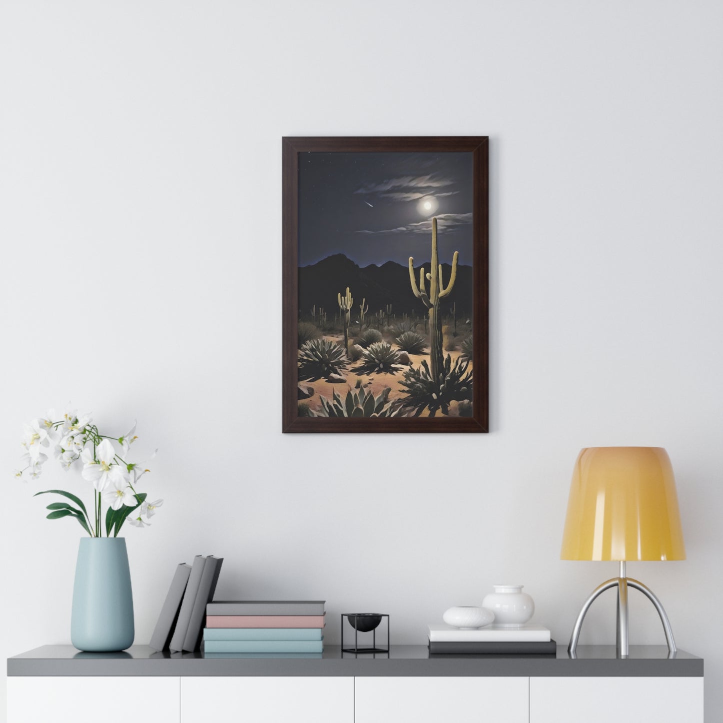 Artistic Framed Poster - Nighttime Desert Cactus Landscape, "Desert Moonrise" Chaia Malana