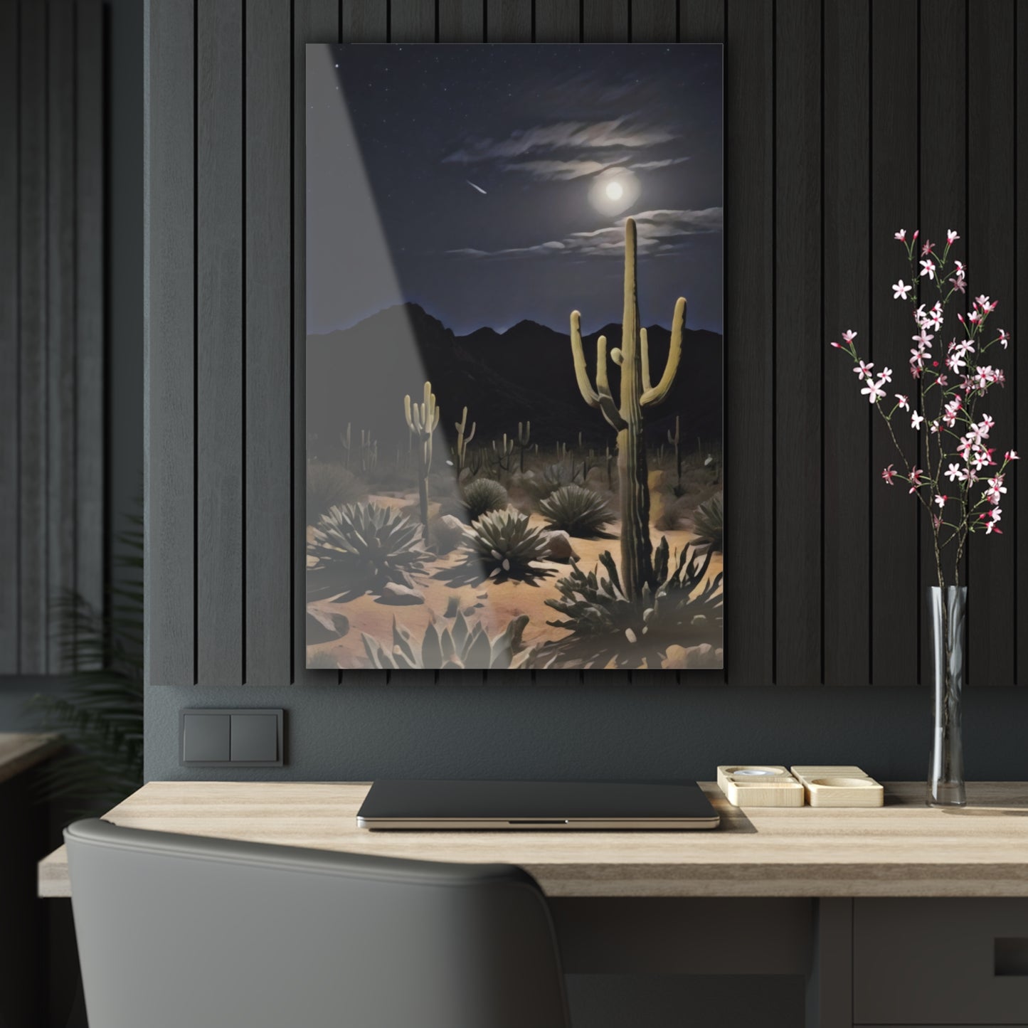 Acrylic Print - Nighttime Desert Landscape, Cactus Art, "Desert Moonrise" by Chaia Malana