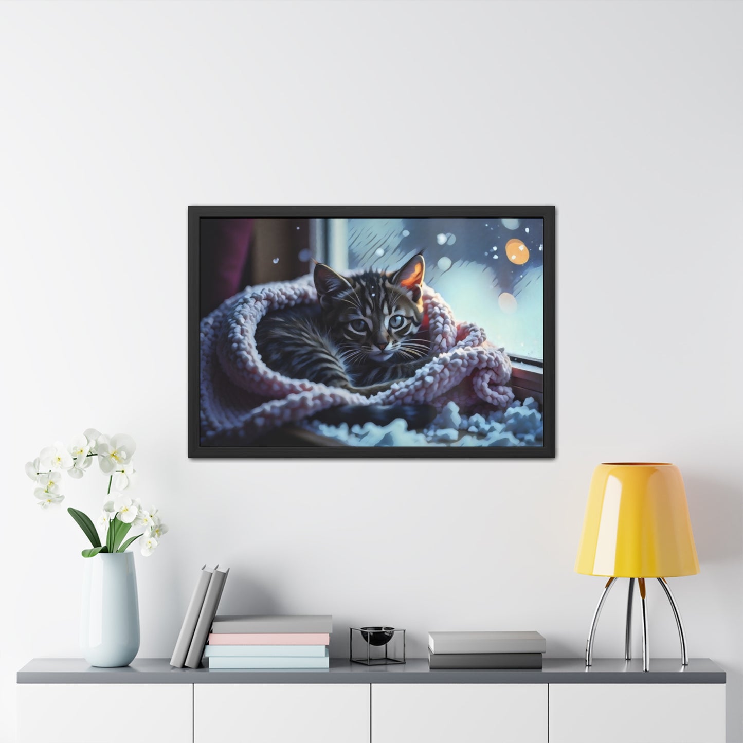 Artistic Framed Posters - Kitten in Blanket in Winter Art, "Cozy Winter Vigil" by Chaia Malana