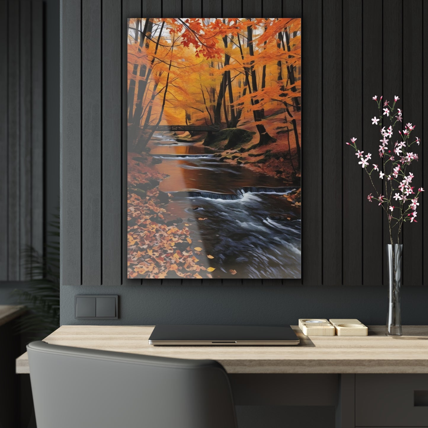 Art Acrylic Print Whispers of Autumn's Flow Fall Forest Leaves Rocky Waterfall Chaia Malana