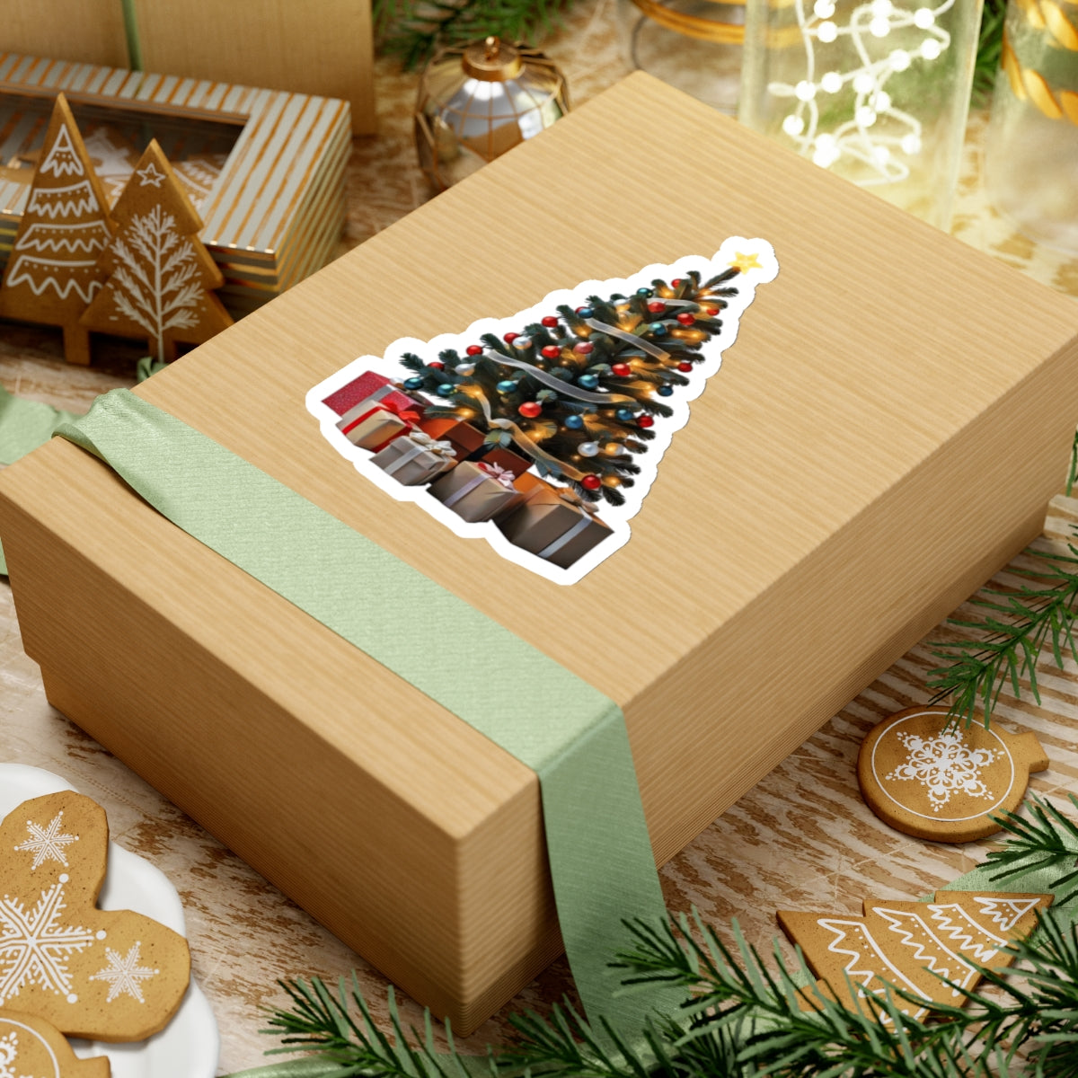 Sticker - Festive Decorated Christmas Tree with Presents Art Print