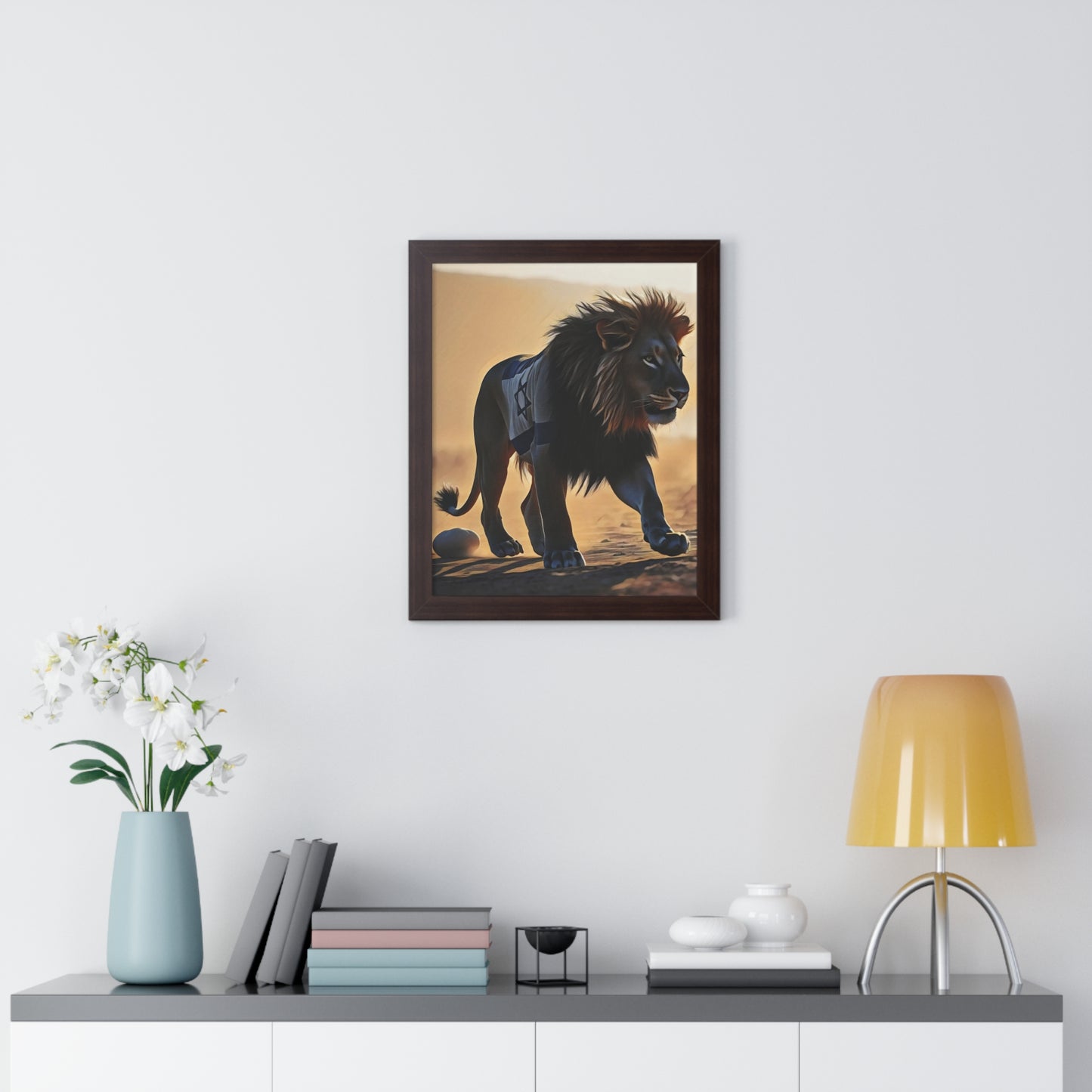 Artistic Framed Poster: Israeli Flag Lion in the Desert, "Lion of Judah: Strength of a Nation" Chaia Malana