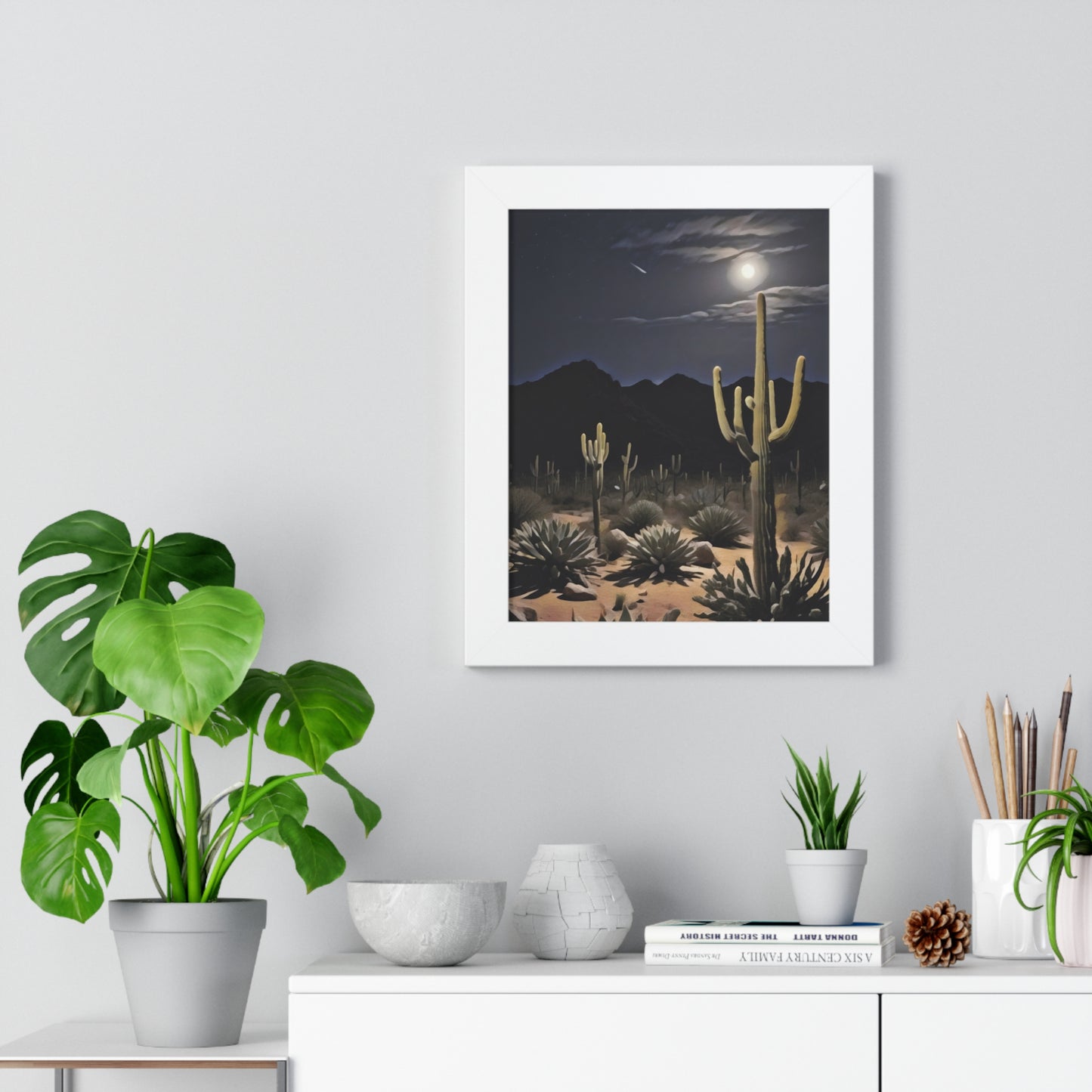 Artistic Framed Poster - Nighttime Desert Cactus Landscape, "Desert Moonrise" Chaia Malana