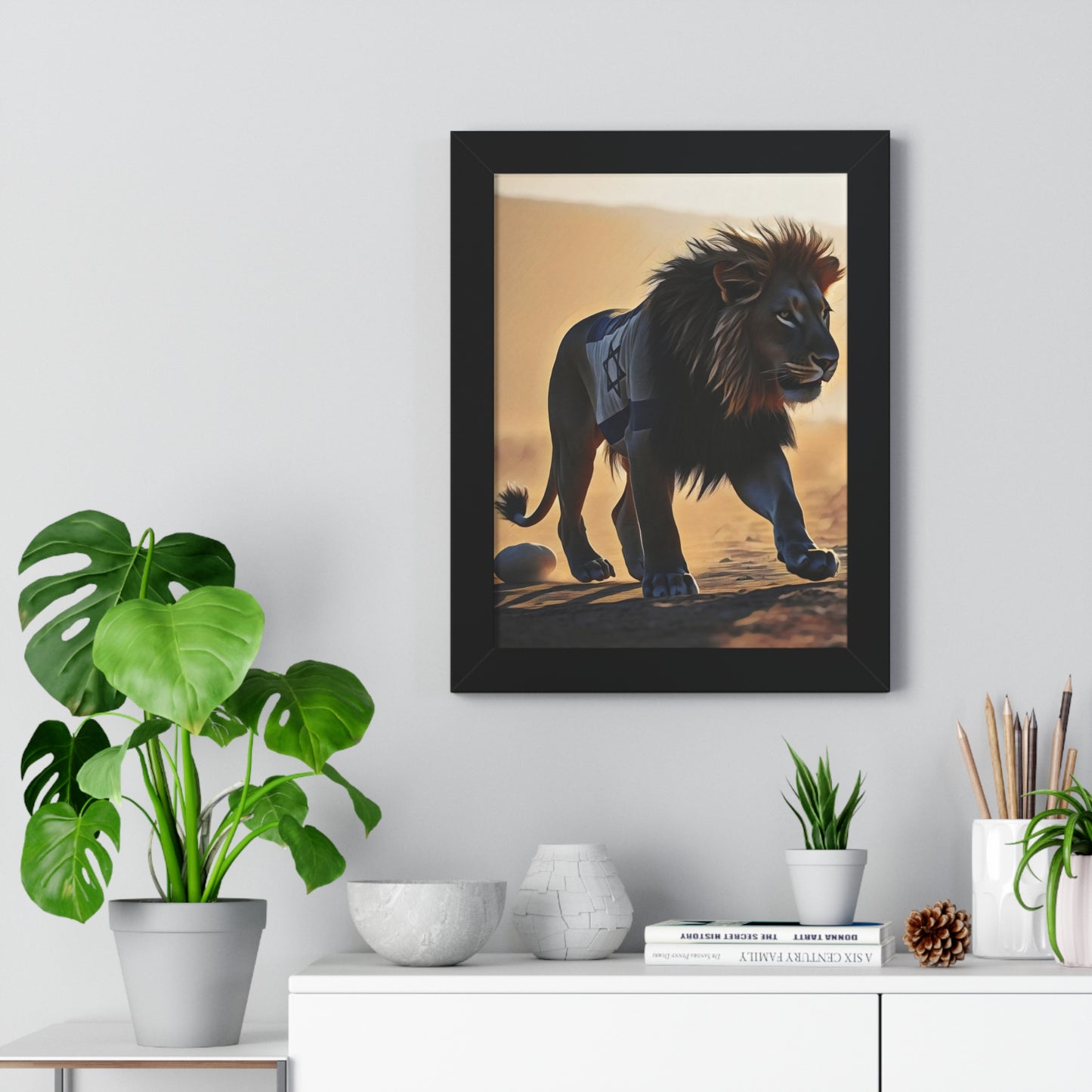 Artistic Framed Poster: Israeli Flag Lion in the Desert, "Lion of Judah: Strength of a Nation" Chaia Malana