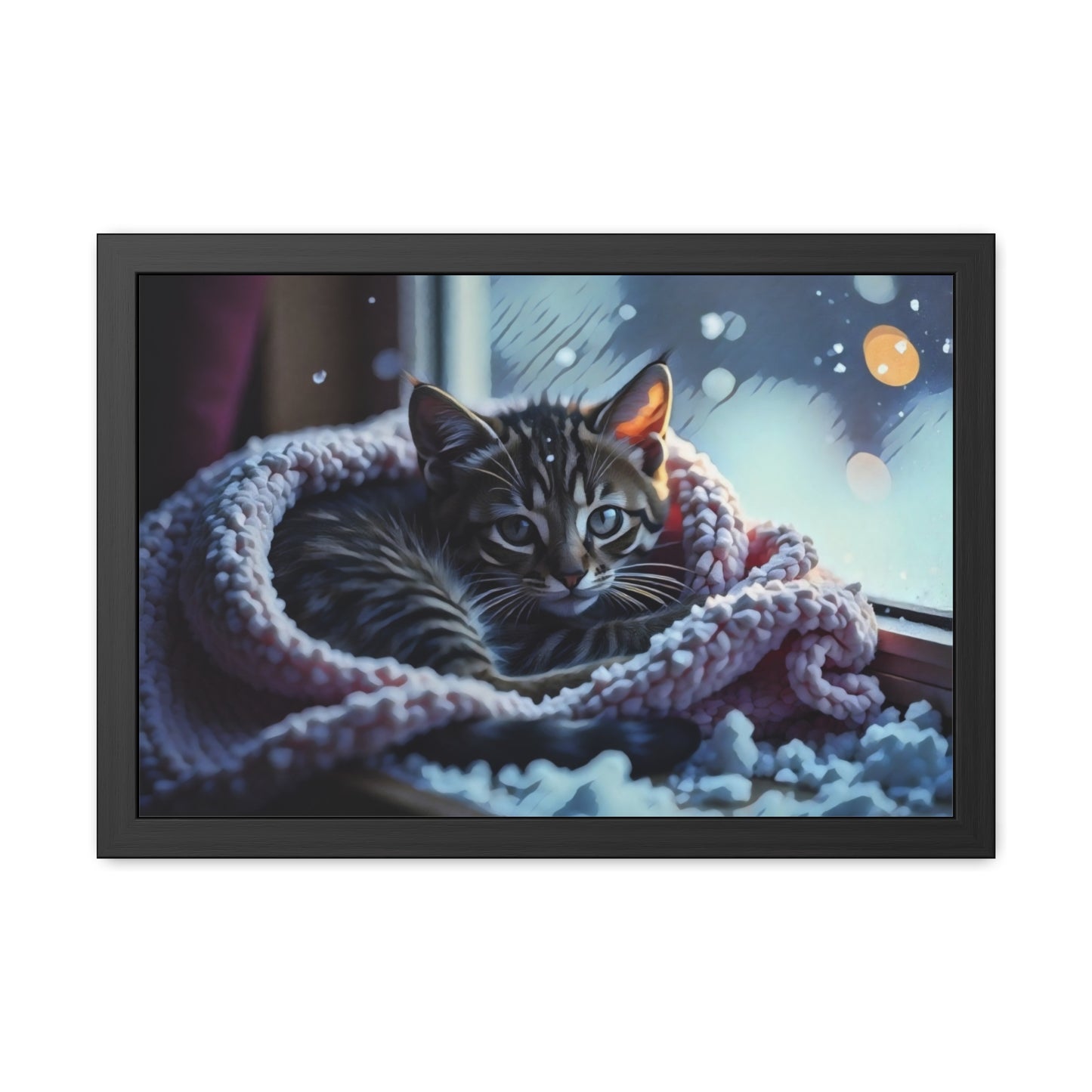 Artistic Framed Posters - Kitten in Blanket in Winter Art, "Cozy Winter Vigil" by Chaia Malana