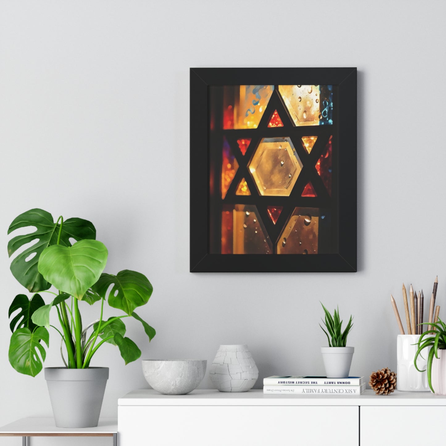 Artistic Framed Poster - Stained Glass Style Judaica Star of David Art Print "Eternal Light Star of Remembrance" Chaia Malana