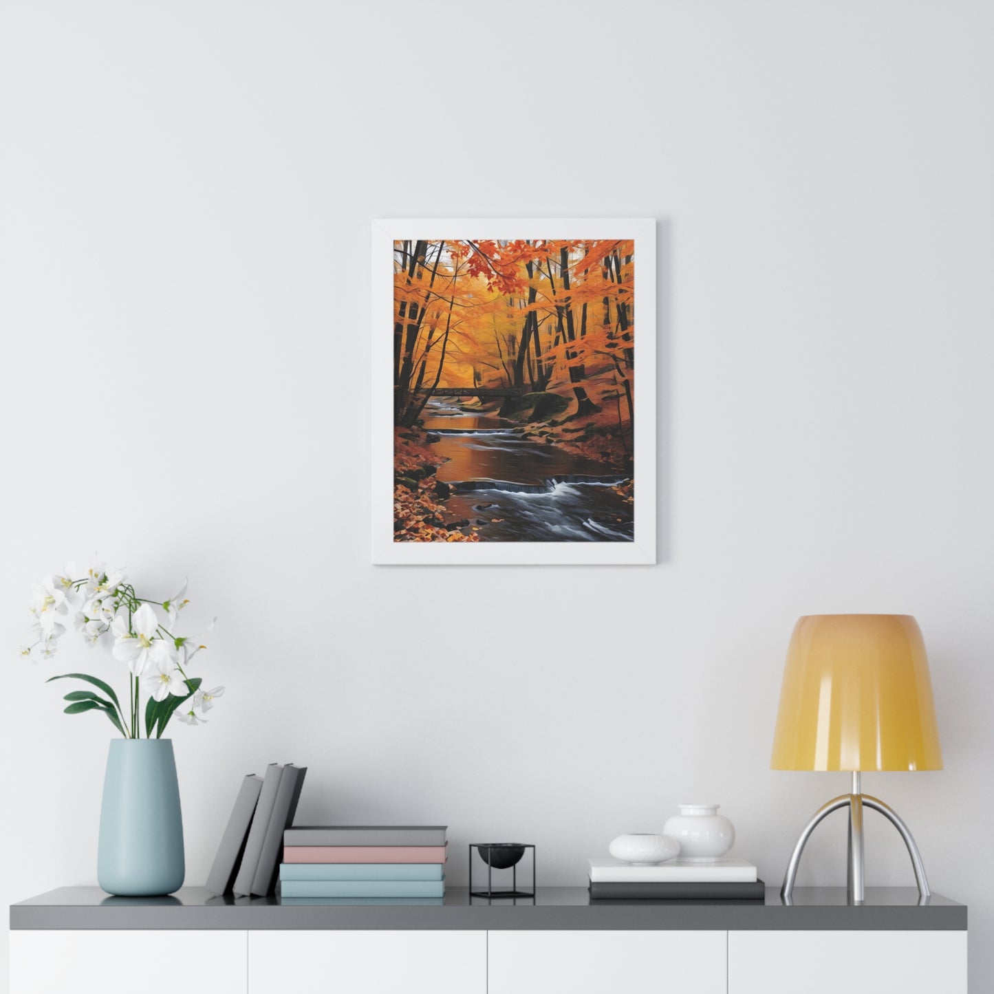 Artistic Framed Poster - Autumn Rocky Forest Waterfall, "Whispers of Autumn’s Flow" Chaia Malana