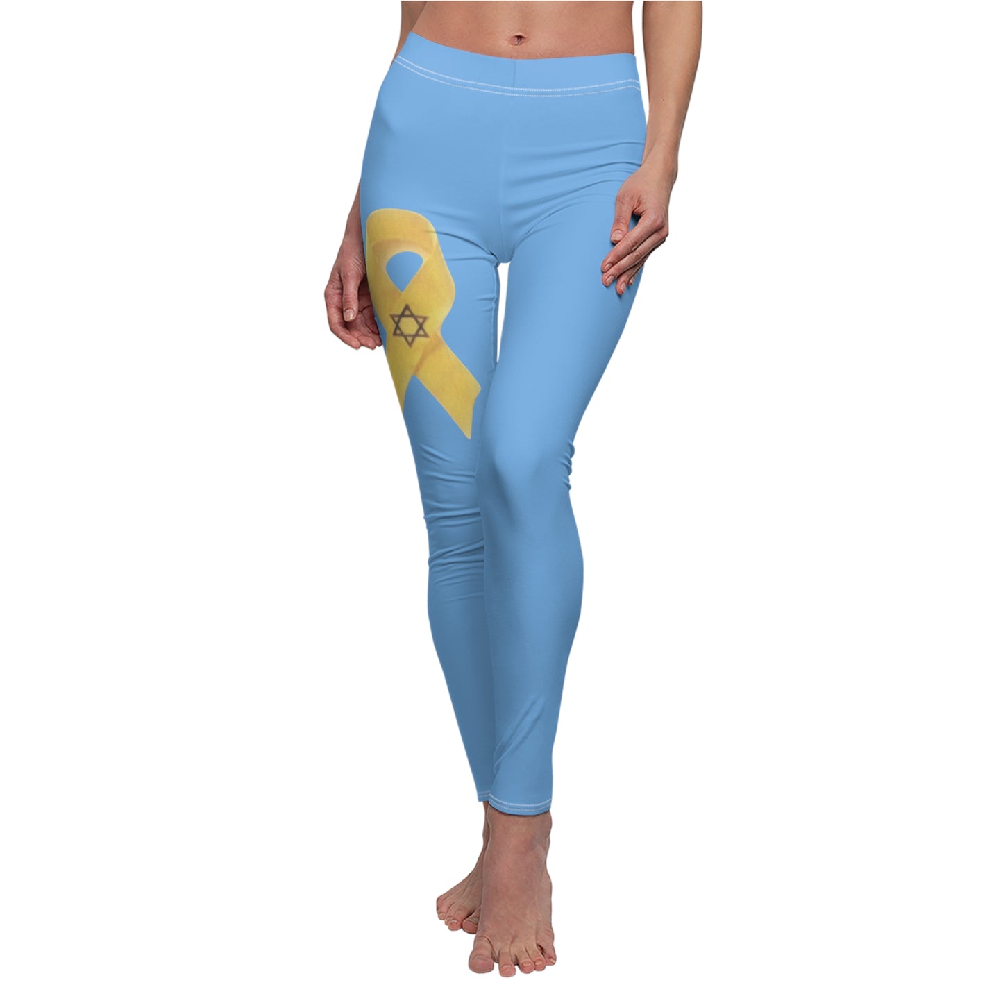 Women's Cut & Sew Casual Leggings, Light Blue - Yellow Ribbon 'Bring Them Home Now' Art, by Chaia Malana