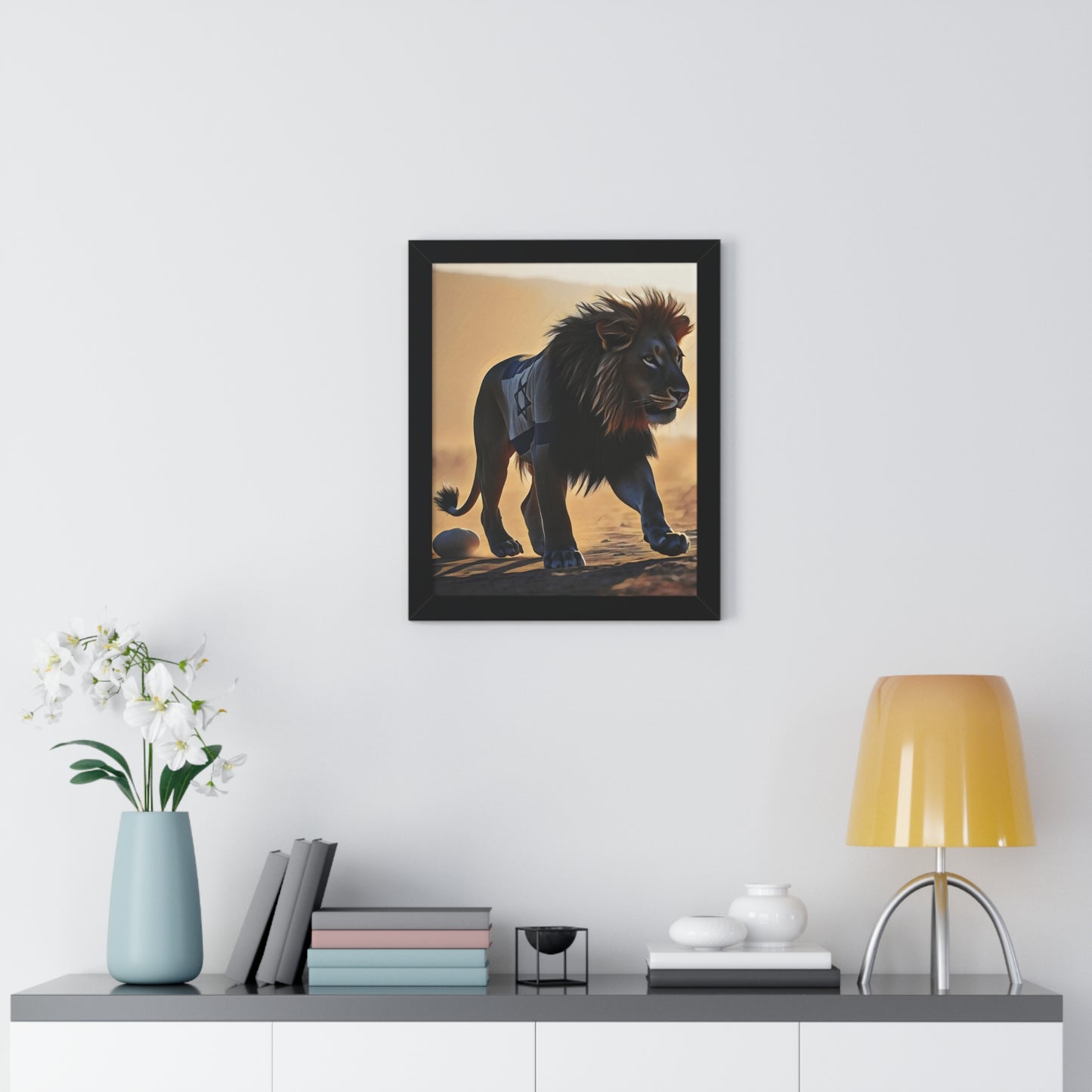 Artistic Framed Poster: Israeli Flag Lion in the Desert, "Lion of Judah: Strength of a Nation" Chaia Malana