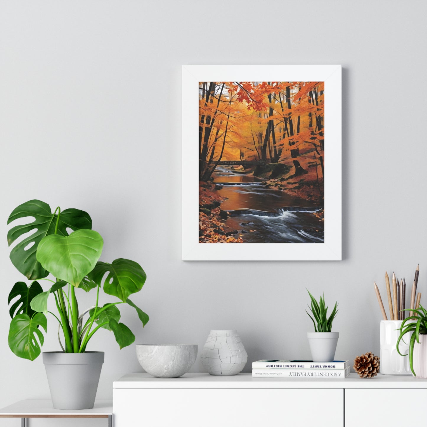 Artistic Framed Poster - Autumn Rocky Forest Waterfall, "Whispers of Autumn’s Flow" Chaia Malana