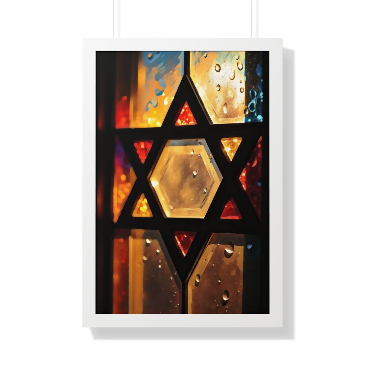 Artistic Framed Poster - Stained Glass Style Judaica Star of David Art Print "Eternal Light Star of Remembrance" Chaia Malana