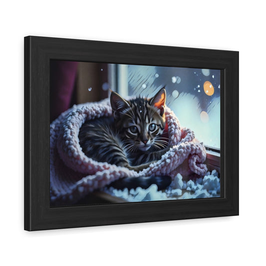 Artistic Framed Posters - Kitten in Blanket in Winter Art, "Cozy Winter Vigil" by Chaia Malana