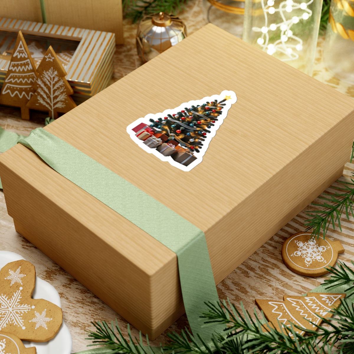 Sticker - Festive Decorated Christmas Tree with Presents Art Print