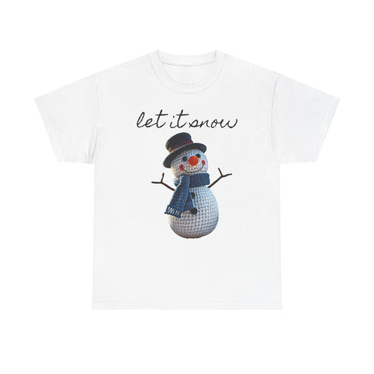 Unisex Heavy Cotton T-Shirt -- Cute Crochet Snowman Art Print "let it snow"