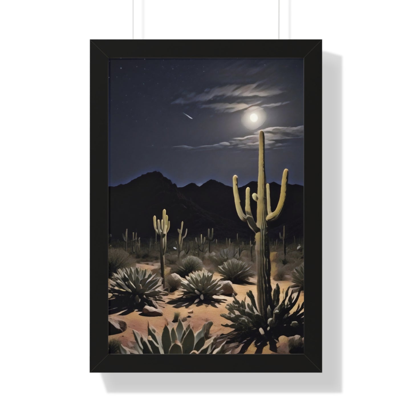 Artistic Framed Poster - Nighttime Desert Cactus Landscape, "Desert Moonrise" Chaia Malana