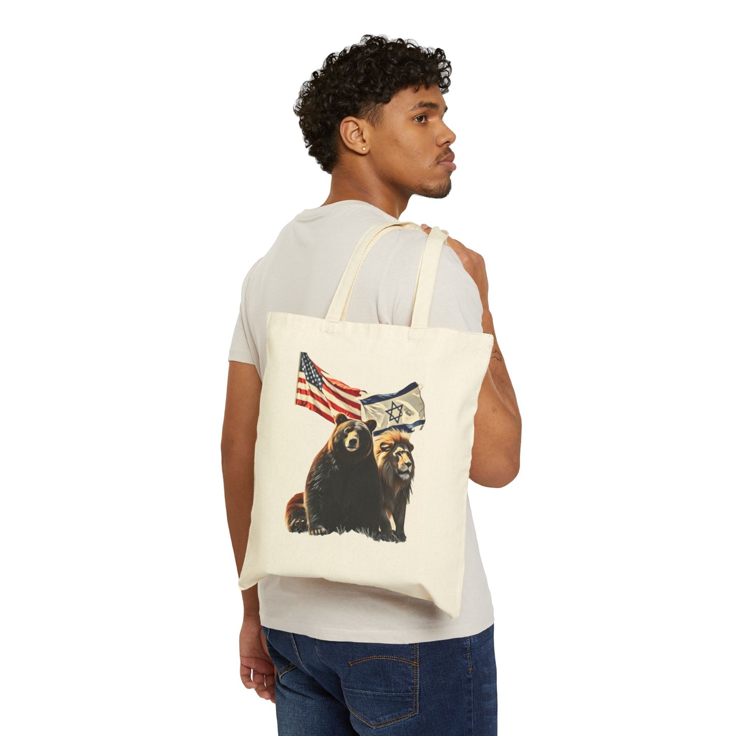 Cotton Canvas Tote Bag - "Unity of Strength" Lion and Bison Israeli and American Flags