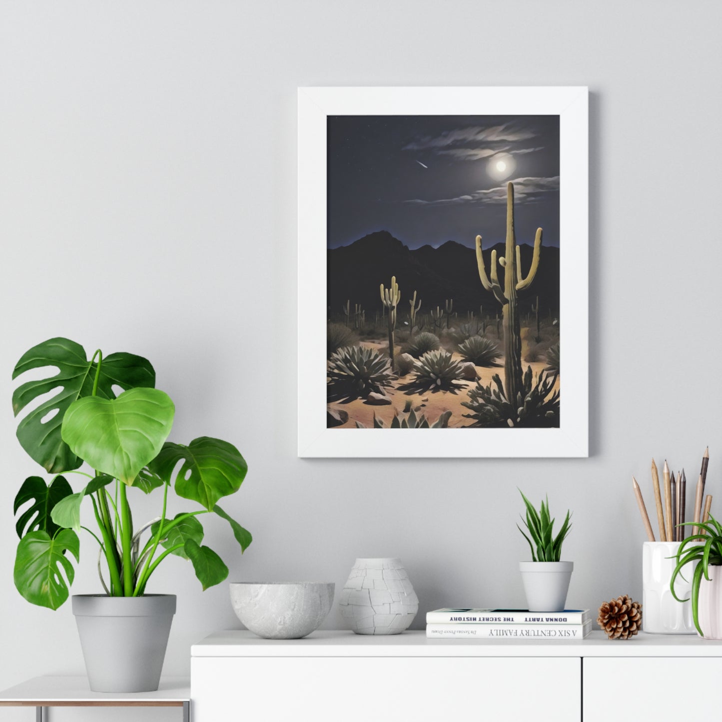 Artistic Framed Poster - Nighttime Desert Cactus Landscape, "Desert Moonrise" Chaia Malana