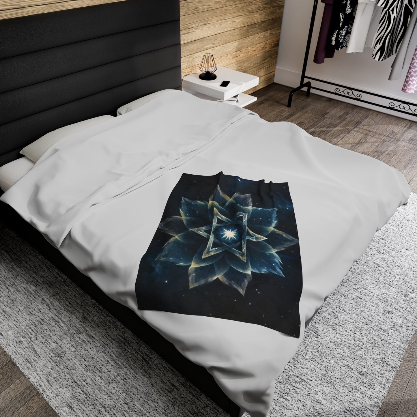 Plush Blanket - "Celestial Bloom" Cosmic Bloom Blue Lotus Galaxy Star of David Art Print