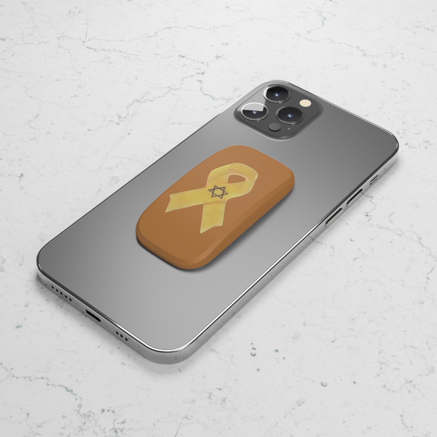 Phone Grip: Yellow Ribbon Hostage Support Design, Turquoise Background, Orange