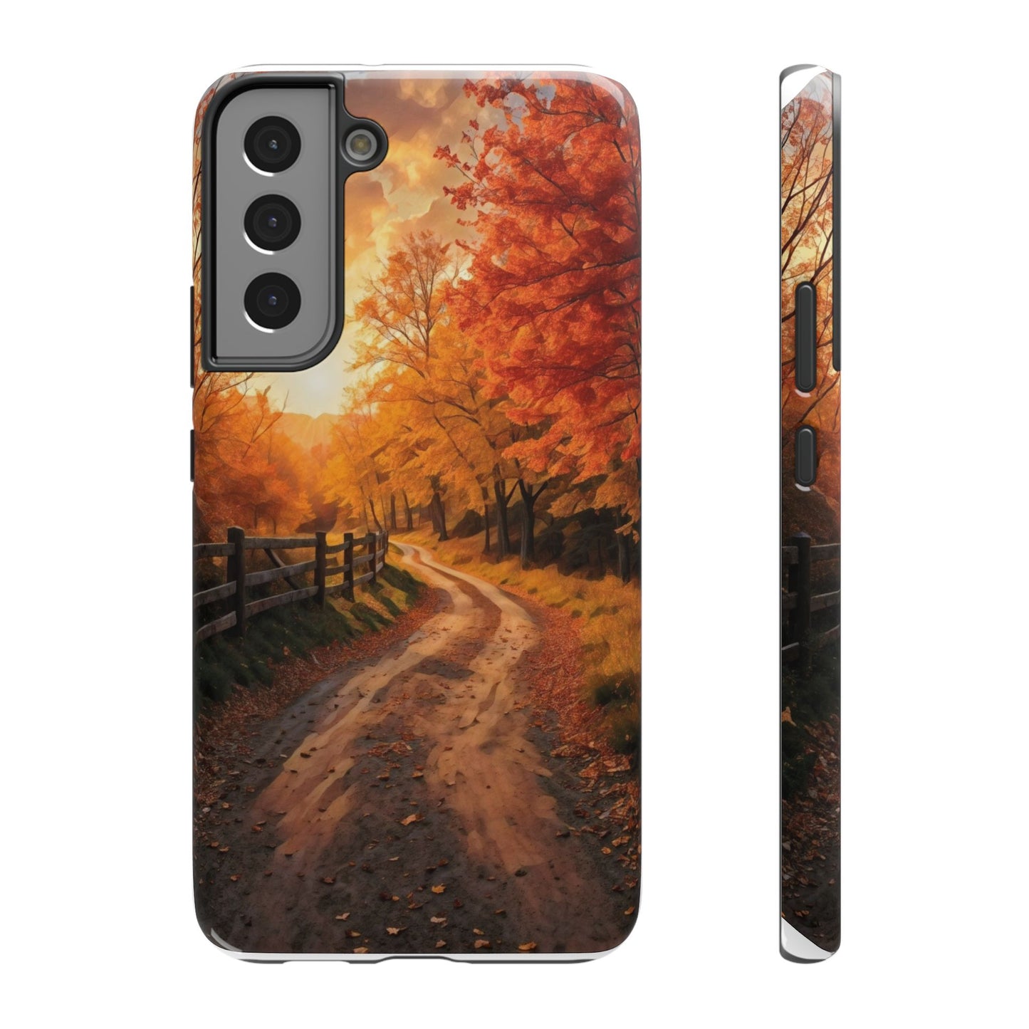 Phone Cases - Autumn Theme Painting of a Dirt Road with Trees and Wood Fence