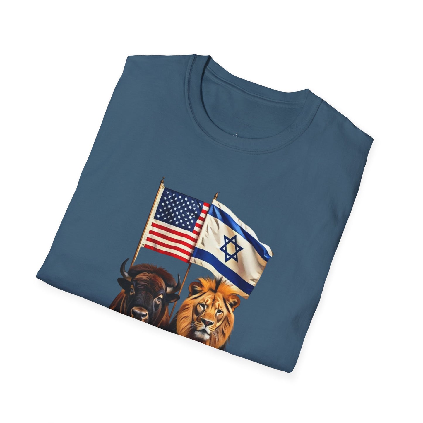 Unisex Softstyle T-Shirt - Unity of Strength, Bison Lion Israel America Flags