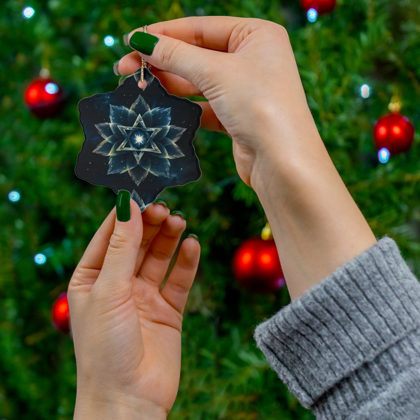 Ceramic Ornament - Jewish Star of David Blue Cosmic Lotus Design, Galactic Background