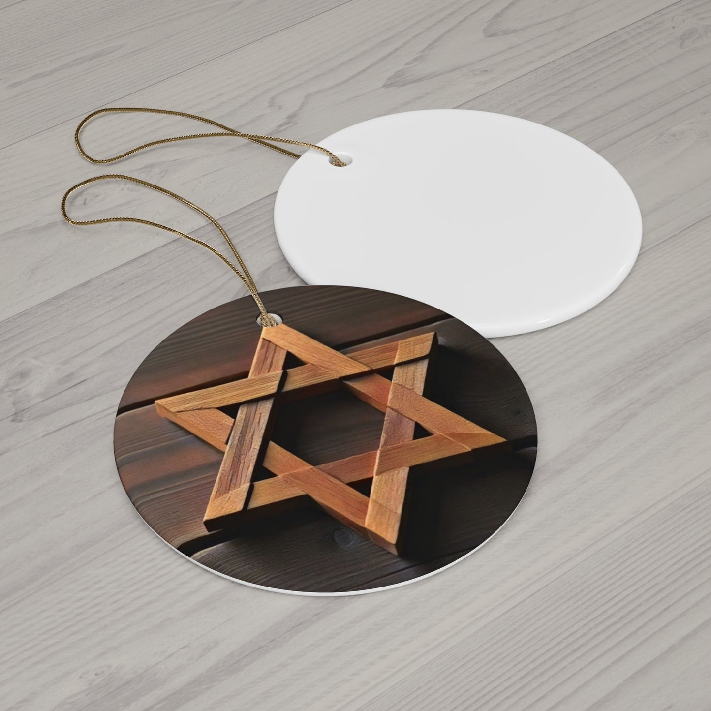 Ceramic Ornament - Jewish Star of David Wooden Magen David, Wood Planks Background