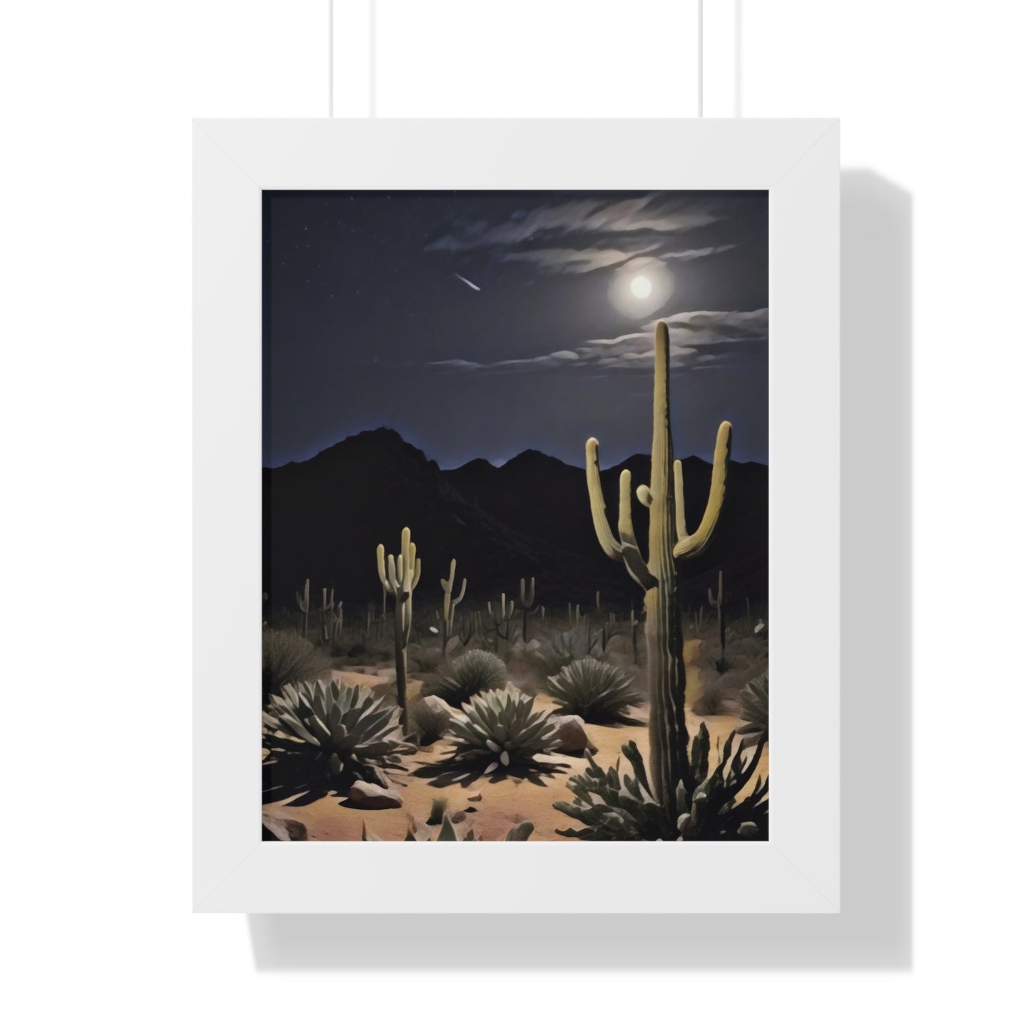 Artistic Framed Poster - Nighttime Desert Cactus Landscape, "Desert Moonrise" Chaia Malana