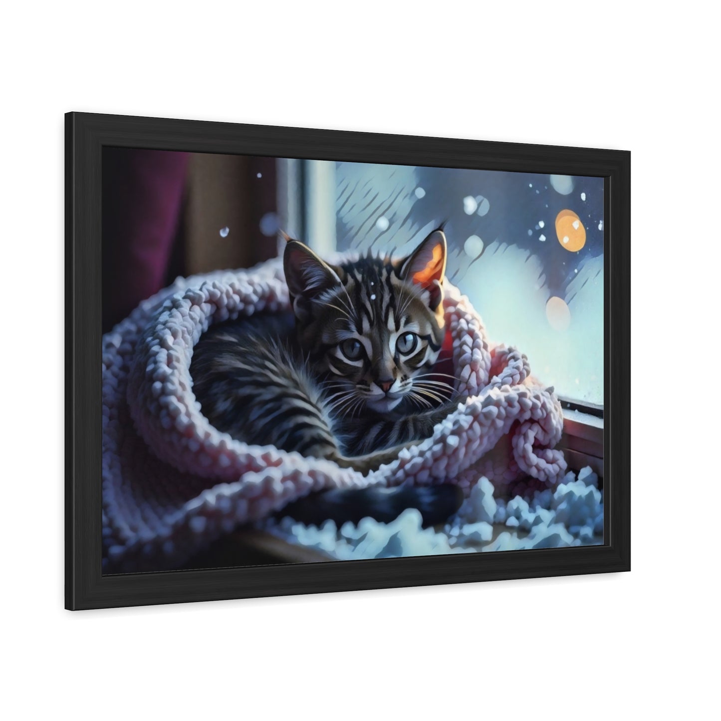 Artistic Framed Posters - Kitten in Blanket in Winter Art, "Cozy Winter Vigil" by Chaia Malana