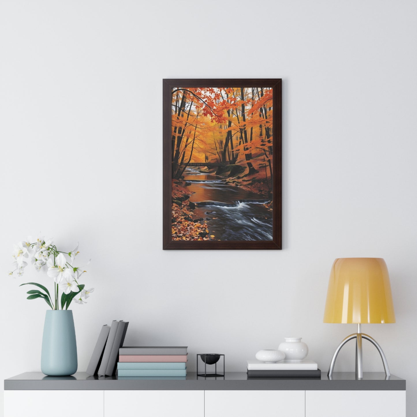 Artistic Framed Poster - Autumn Rocky Forest Waterfall, "Whispers of Autumn’s Flow" Chaia Malana