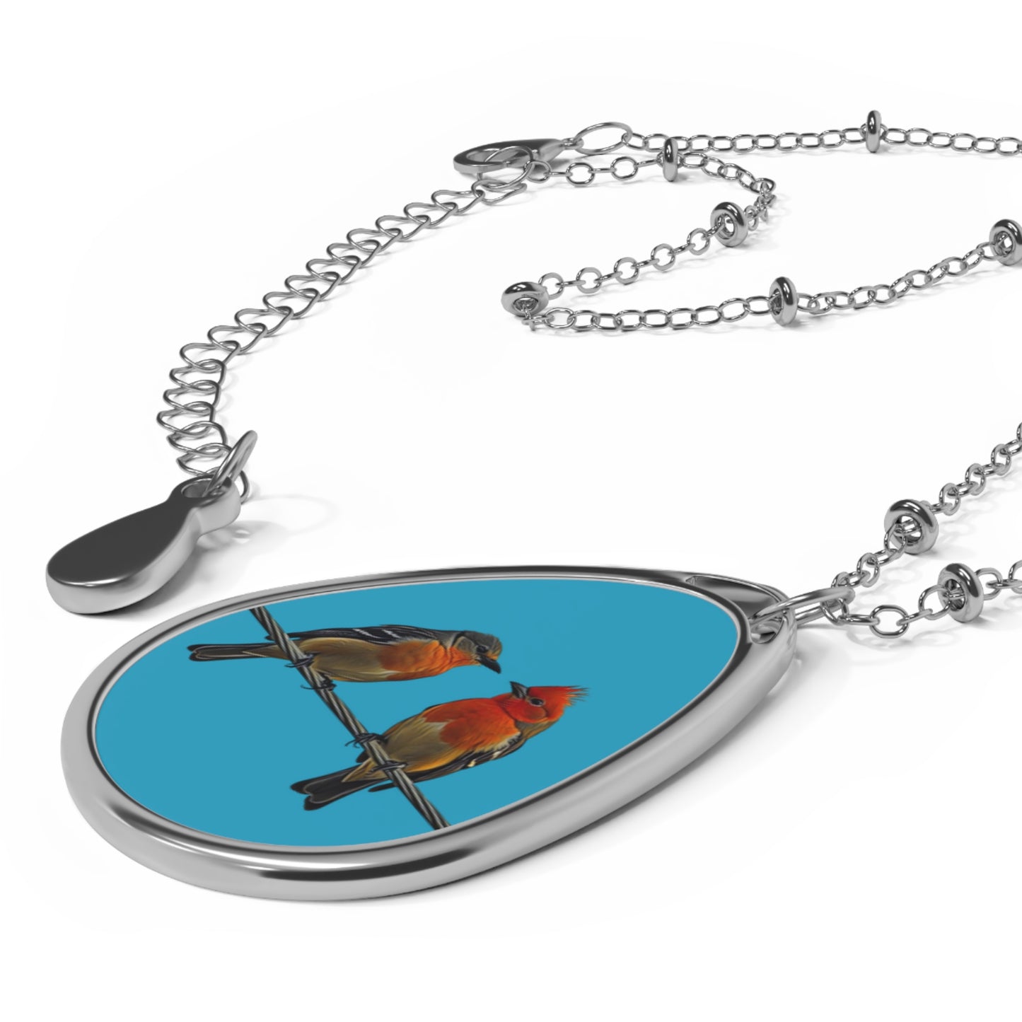 Oval Necklace - Two Birds on a Wire Art Print on Turquoise