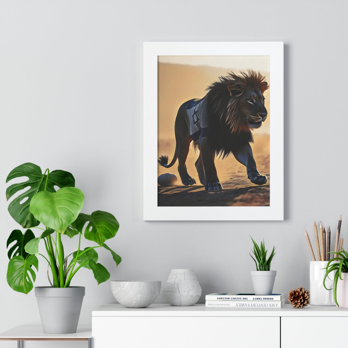 Artistic Framed Poster: Israeli Flag Lion in the Desert, "Lion of Judah: Strength of a Nation" Chaia Malana