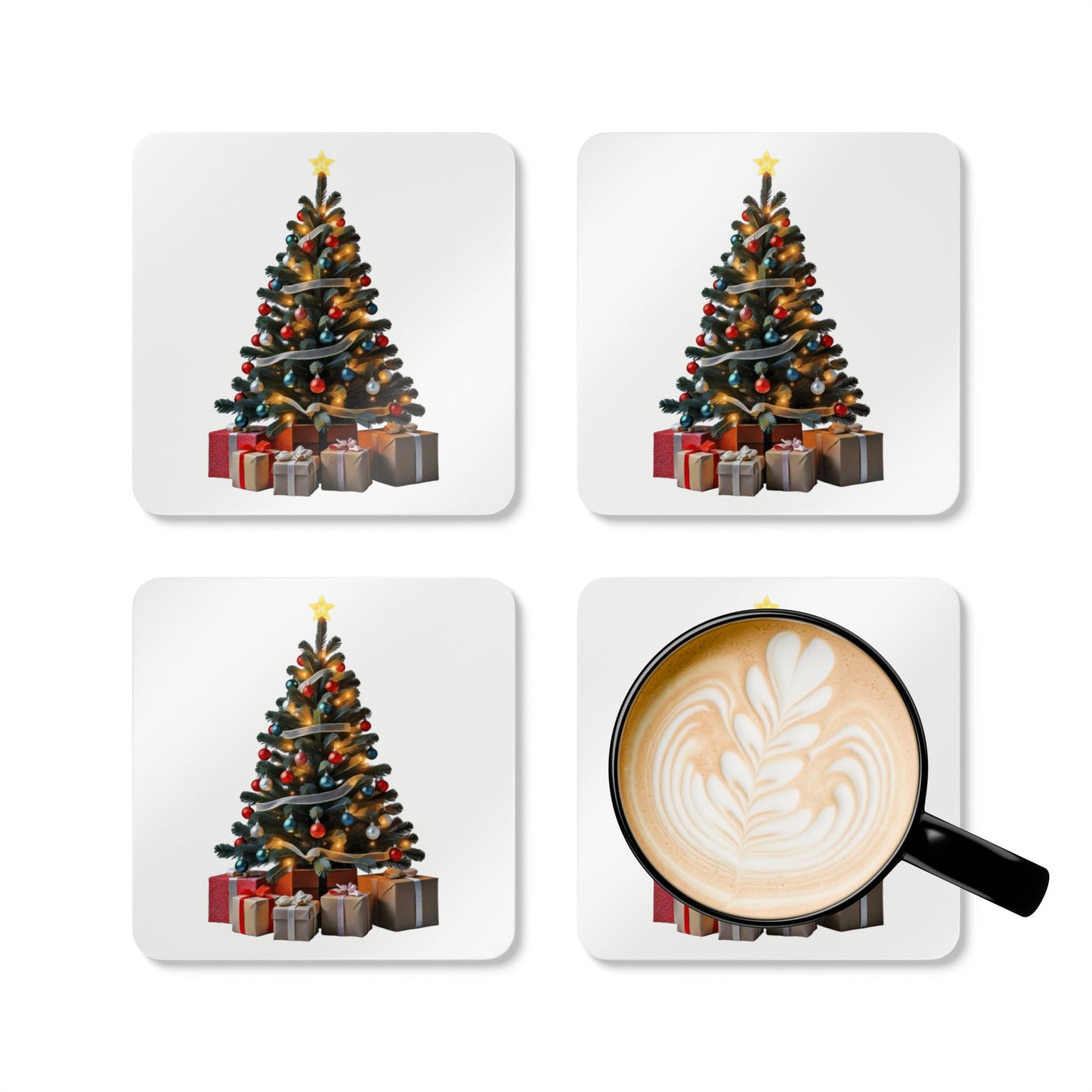 Corkwood Coaster Set - Christmas Tree Art Print, White Background