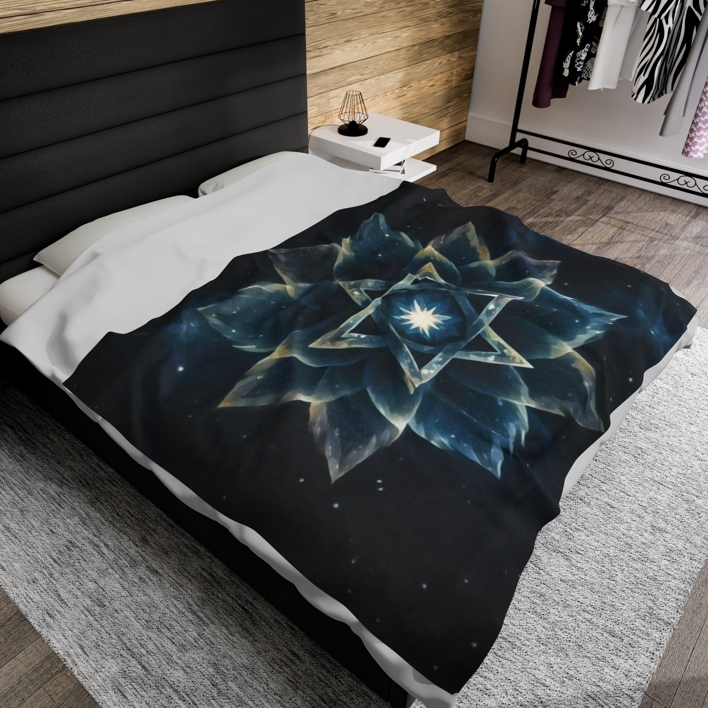 Plush Blanket - "Celestial Bloom" Cosmic Bloom Blue Lotus Galaxy Star of David Art Print