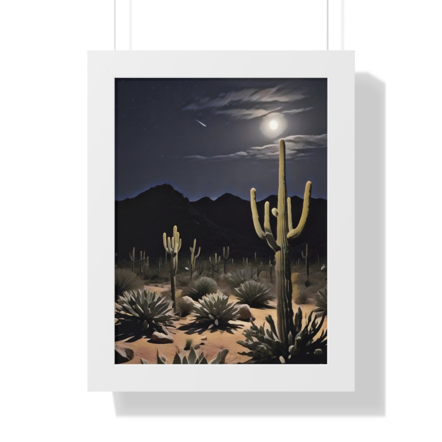 Artistic Framed Poster - Nighttime Desert Cactus Landscape, "Desert Moonrise" Chaia Malana