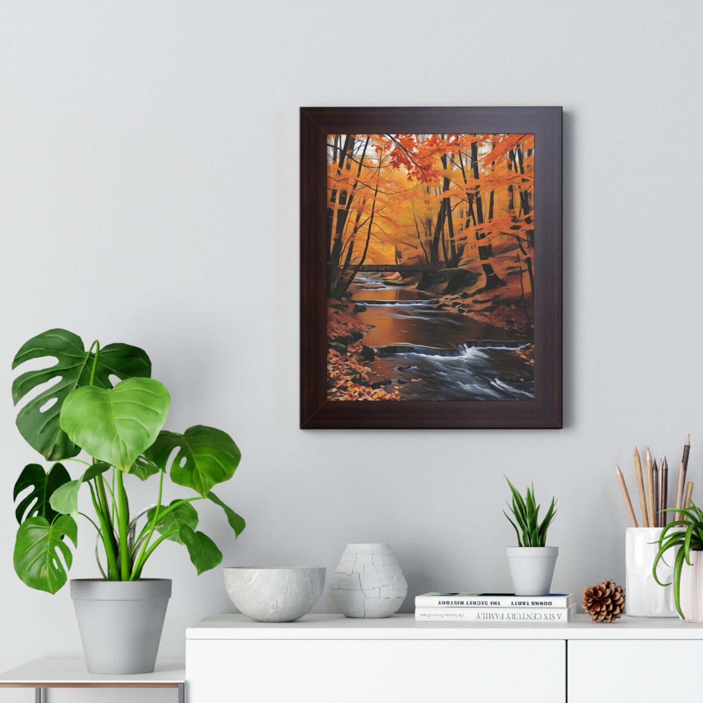 Artistic Framed Poster - Autumn Rocky Forest Waterfall, "Whispers of Autumn’s Flow" Chaia Malana