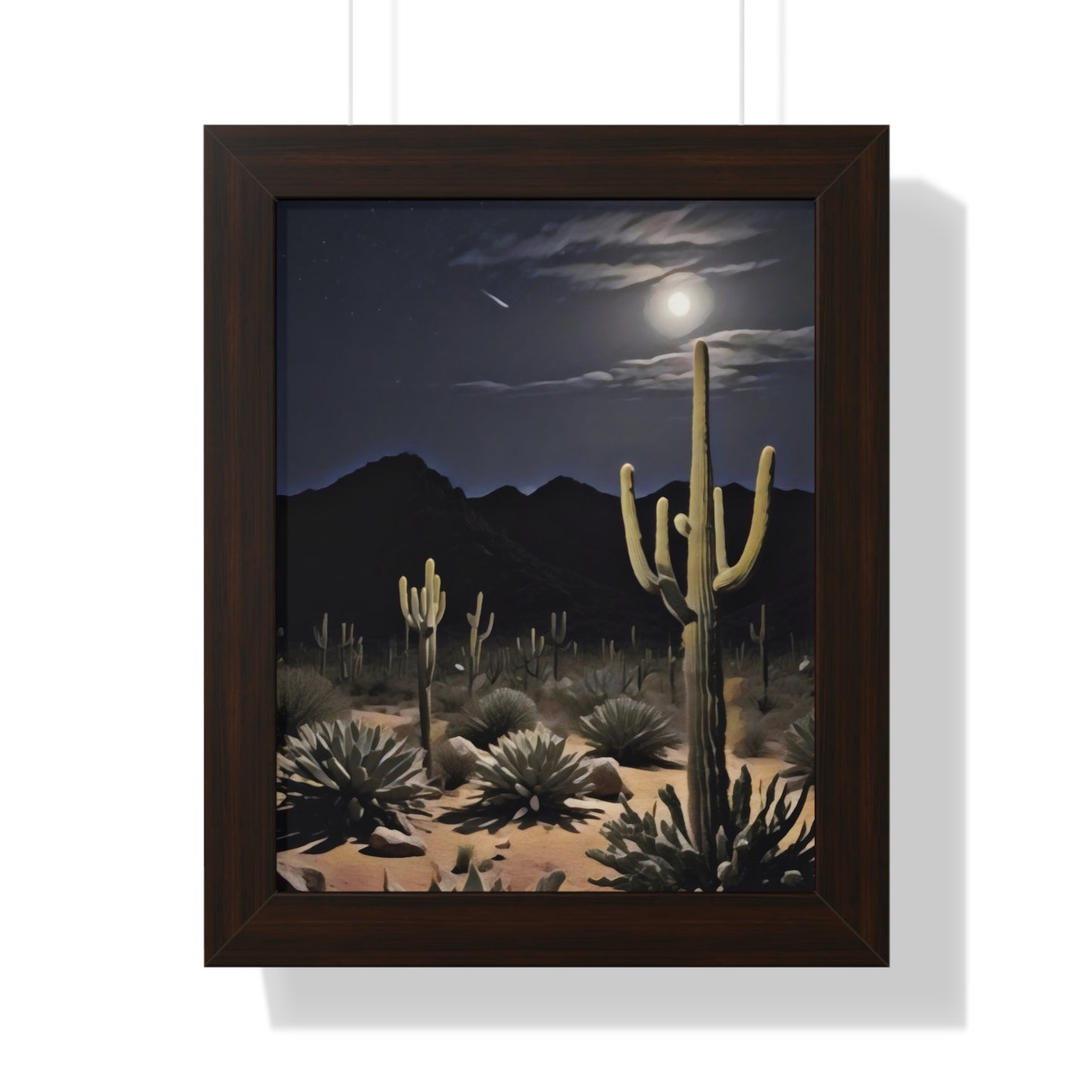 Artistic Framed Poster - Nighttime Desert Cactus Landscape, "Desert Moonrise" Chaia Malana