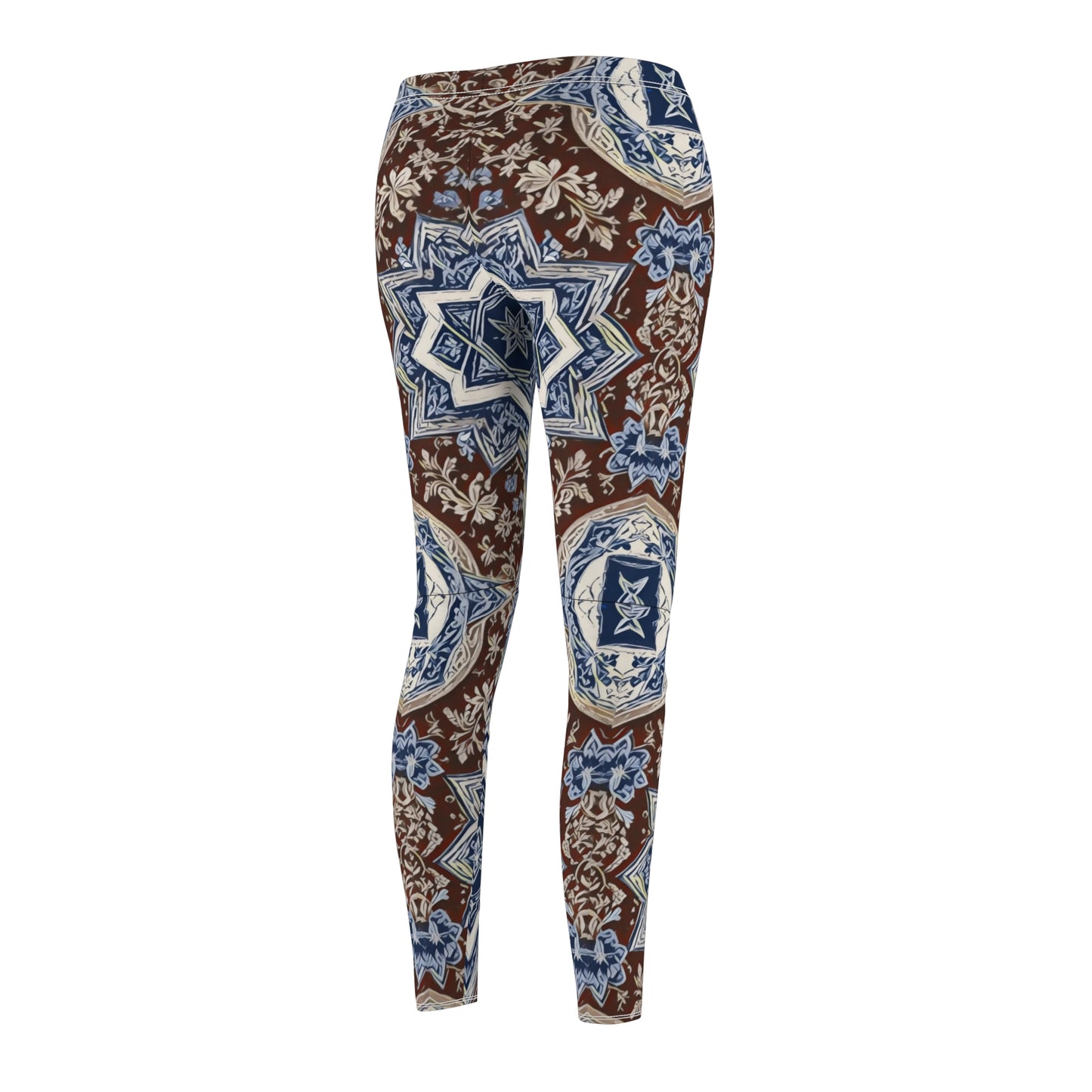 Women's Cut & Sew Casual Leggings -- Chocolate Brown and Blue Star of David Magen David Pattern