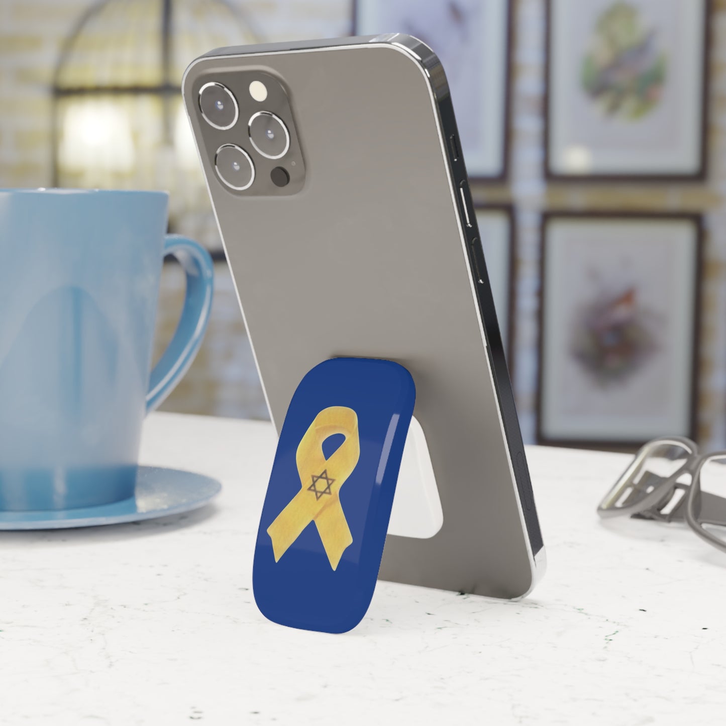 Phone Grip: Yellow Ribbon Hostage Support Design, Dark Blue