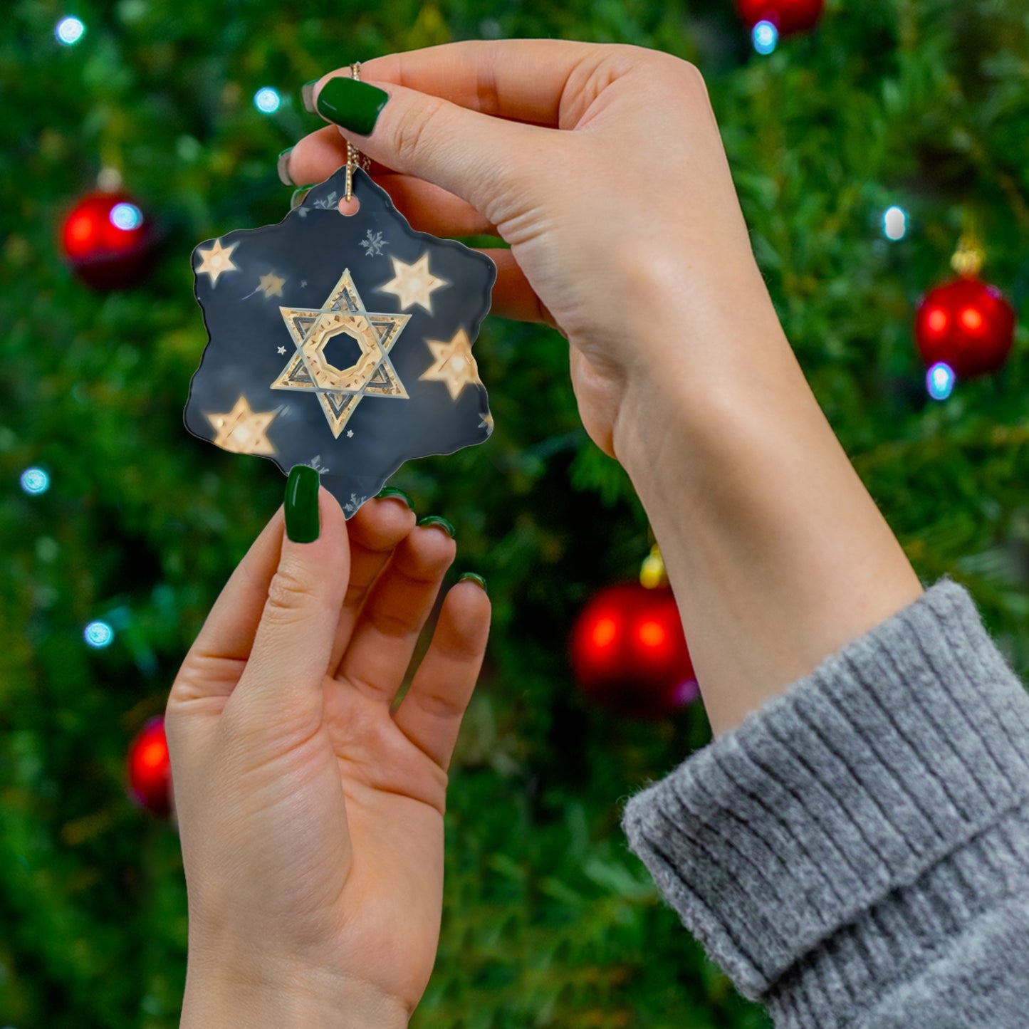 Ceramic Ornament - Jewish Star of David Winter &quot;Celestial Glow&quot;