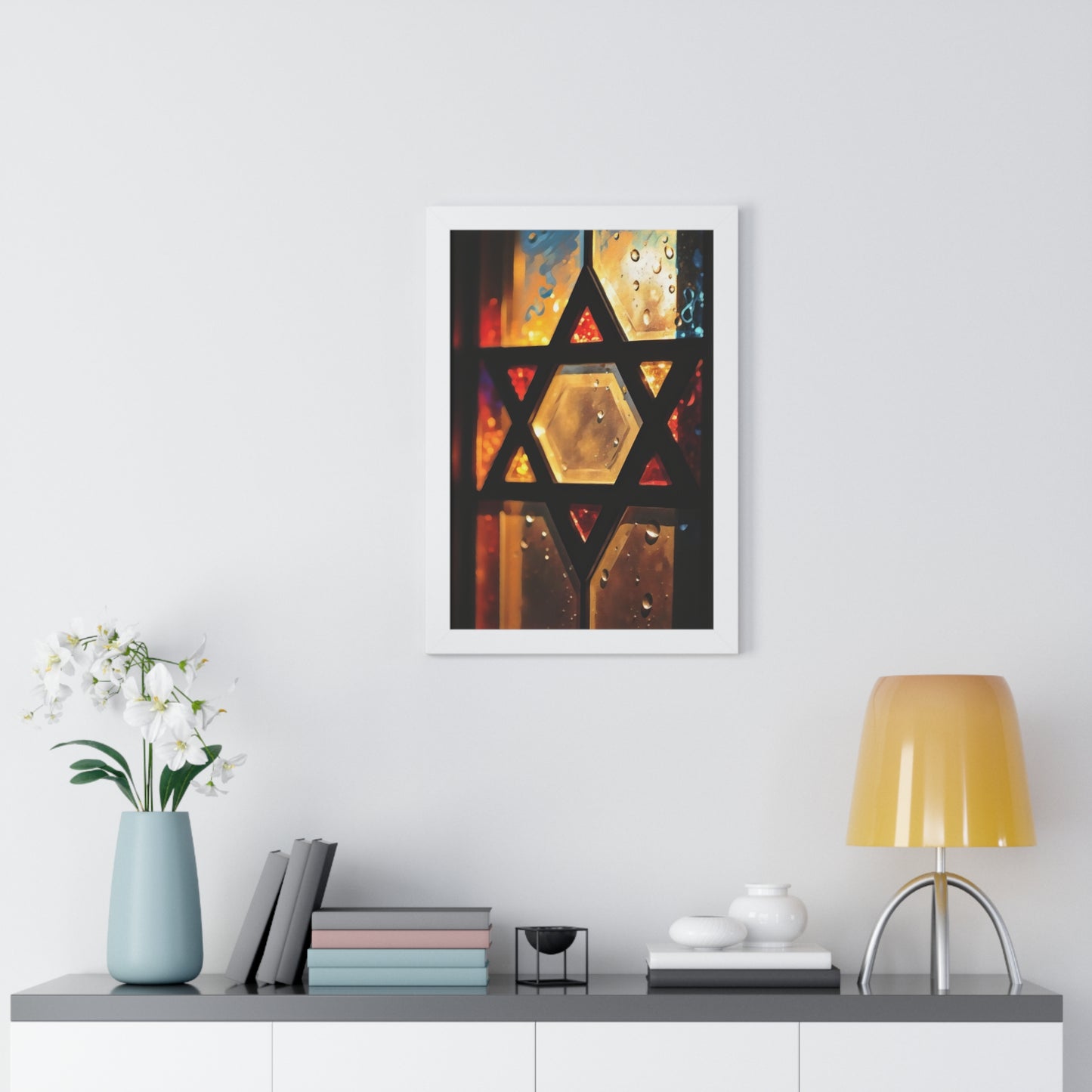 Artistic Framed Poster - Stained Glass Style Judaica Star of David Art Print "Eternal Light Star of Remembrance" Chaia Malana