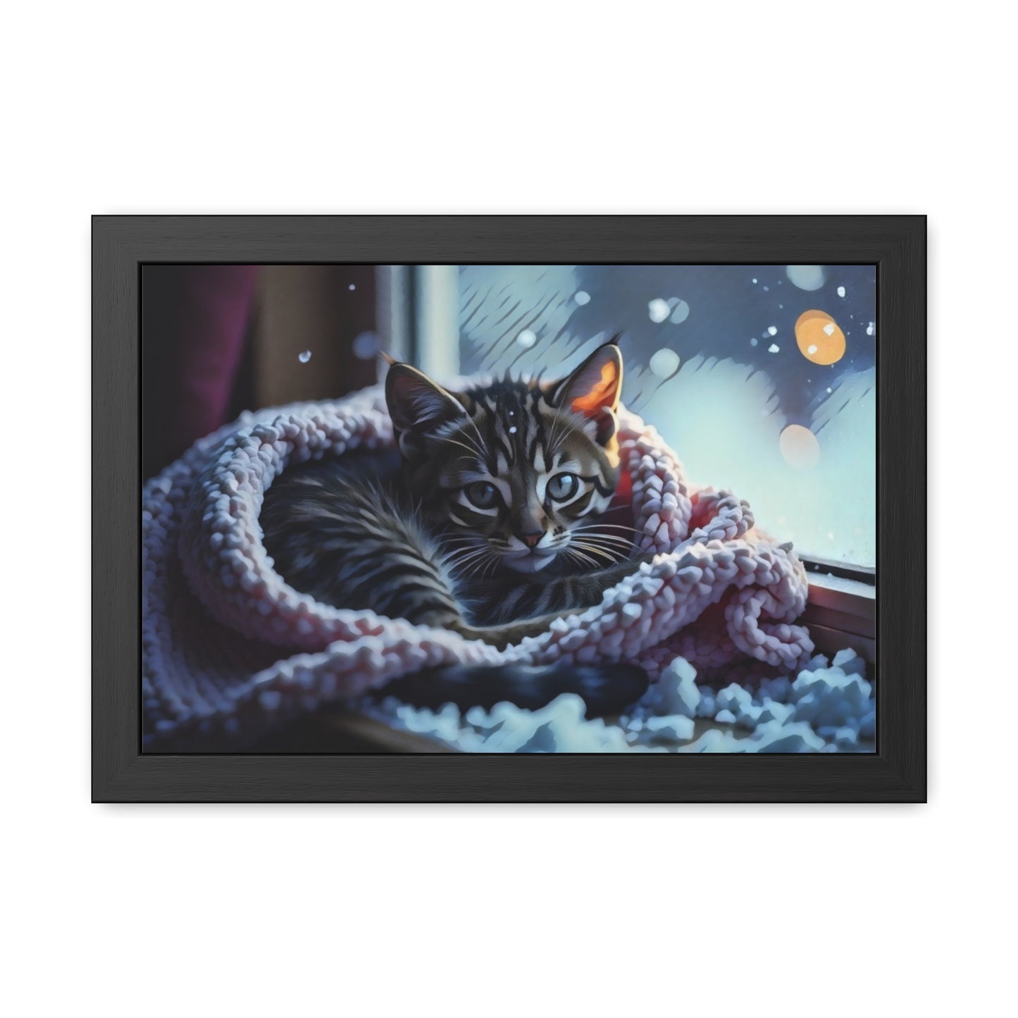 Artistic Framed Posters - Kitten in Blanket in Winter Art, "Cozy Winter Vigil" by Chaia Malana