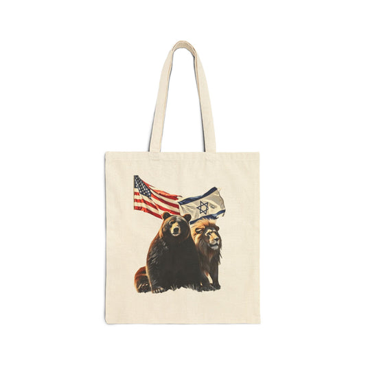 Cotton Canvas Tote Bag - "Unity of Strength" Lion and Bison Israeli and American Flags