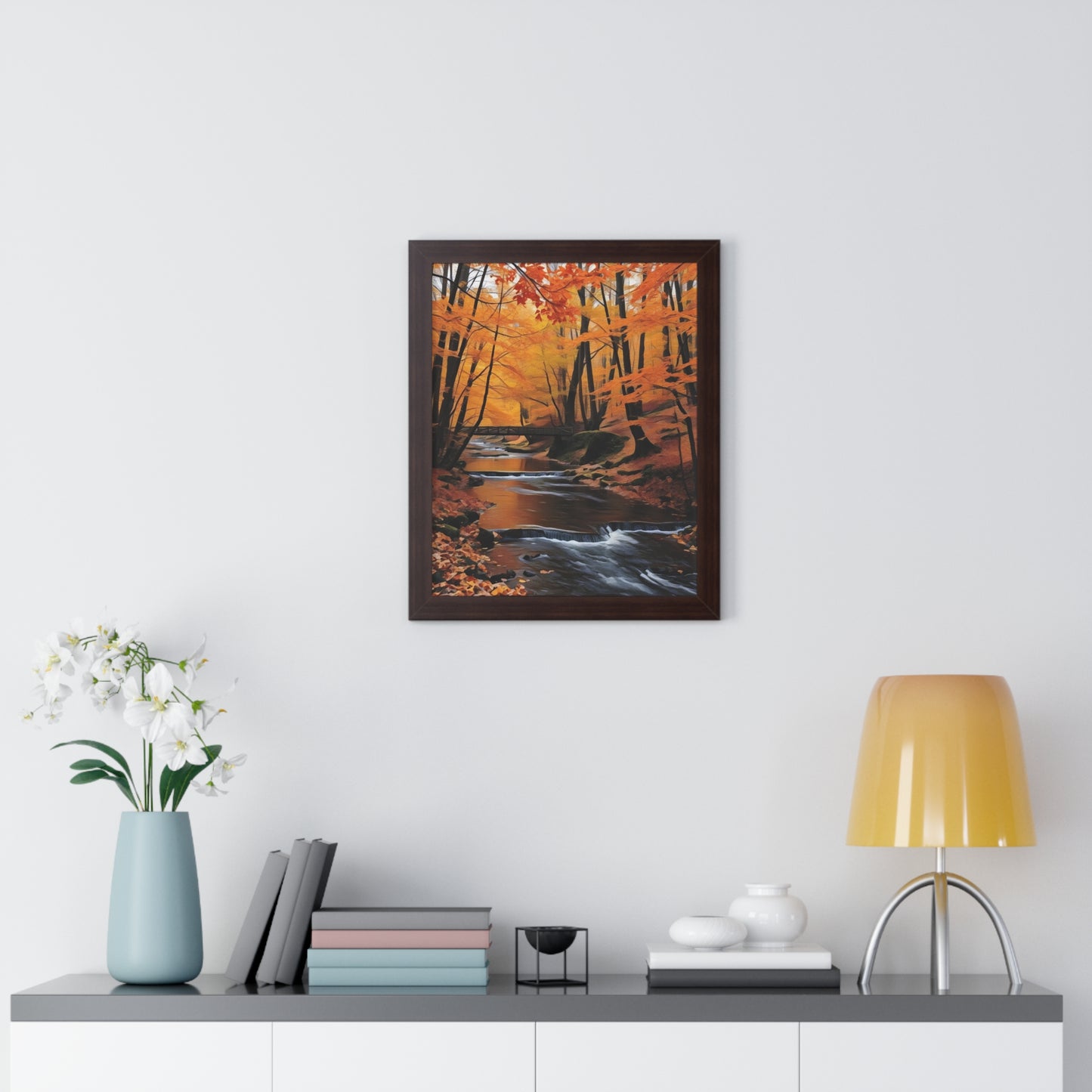 Artistic Framed Poster - Autumn Rocky Forest Waterfall, "Whispers of Autumn’s Flow" Chaia Malana