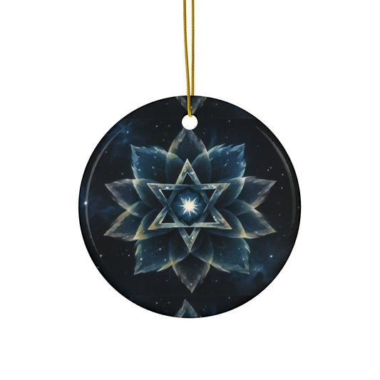 Ceramic Ornament - Jewish Star of David Blue Cosmic Lotus Design, Galactic Background