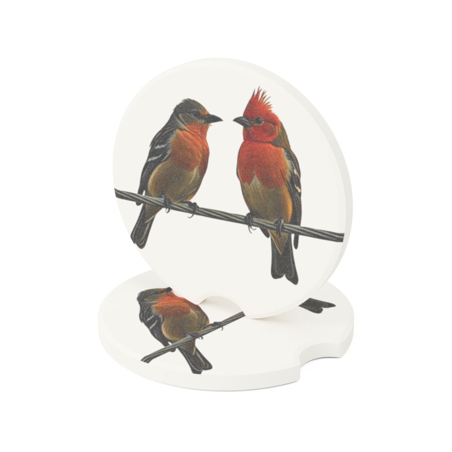 Soapstone Car Coaster, Two Birds on a Wire Art Print, White Background