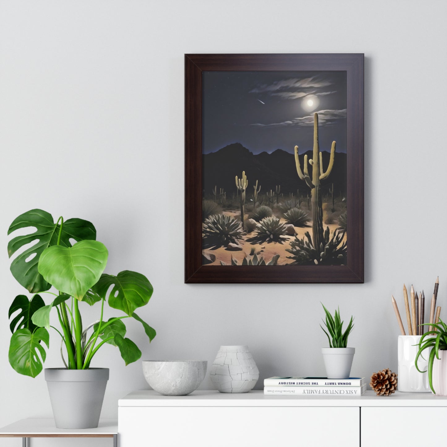 Artistic Framed Poster - Nighttime Desert Cactus Landscape, "Desert Moonrise" Chaia Malana